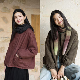 特绽放740朵/绗暖·加厚亚麻绗棉圆领开襟长袖下摆微收短款棉服女