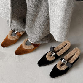 【预售5天】优雅天鹅绒~秋冬文艺复古风一字扣带方头浅口羊毛内增高浅口玛丽珍单鞋WC&M3707