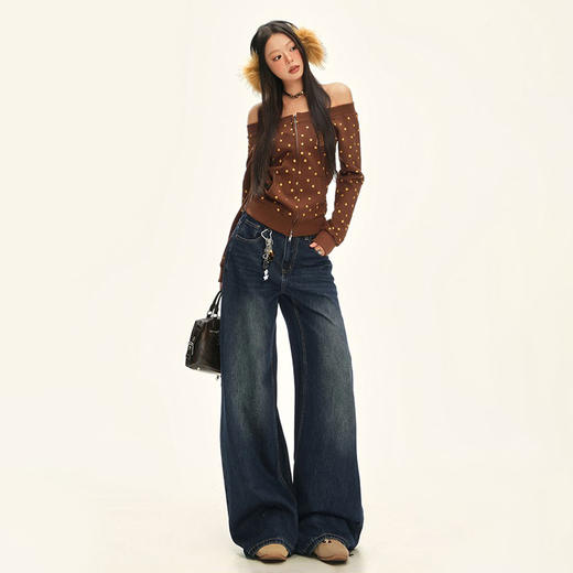 西遇美式复古牛仔裤女冬季新款高腰直筒宽松水洗加绒阔腿裤SS051794 商品图4