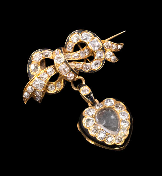 独角鹿西洋古董1890年代法国出品18K黄金镶嵌钻石及黑色珐琅蝴蝶结爱心造型胸针 商品图2