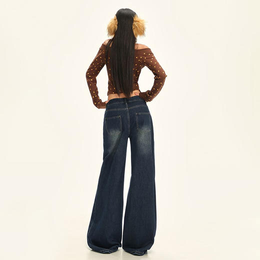 西遇美式复古牛仔裤女冬季新款高腰直筒宽松水洗加绒阔腿裤SS051794 商品图3