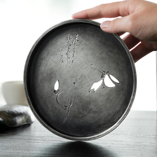 斑锡龙纯锡木笔壶承复古干泡台储水茶船壶垫一修手工锡器潮汕茶盘 商品图4