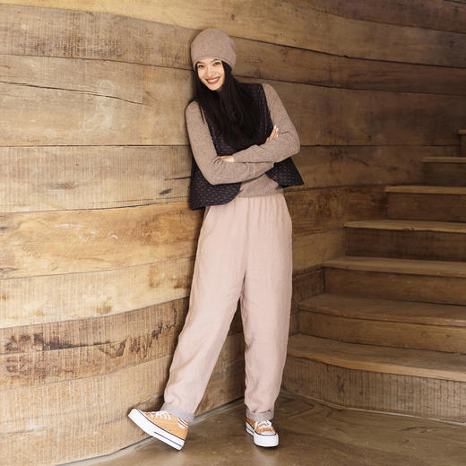 绽放739朵/暮色·汉麻绗棉全腰松紧拼复古条纹文艺长款休闲棉裤 商品图3