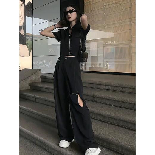黑色设计感休闲宽松拖地直筒阔腿西裤 商品图5