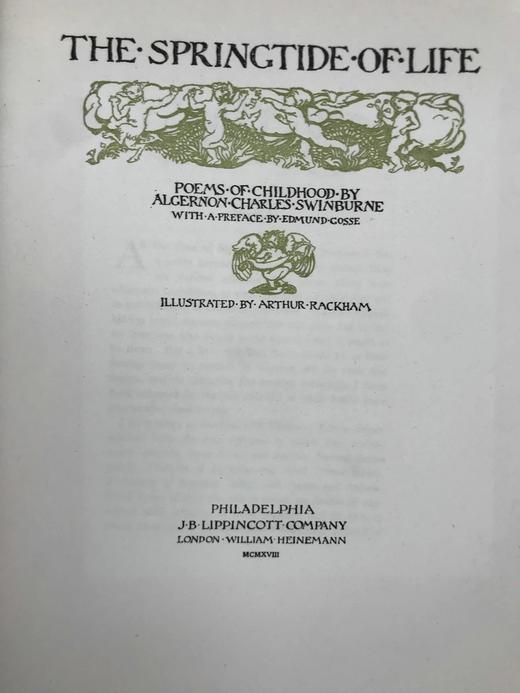 拉克姆签名本！1918年 斯温伯恩《生命之春：儿童诗集》 9幅彩色手工贴图与多幅黑白文间插图 犊皮（vellum）脊精装大16开 商品图3