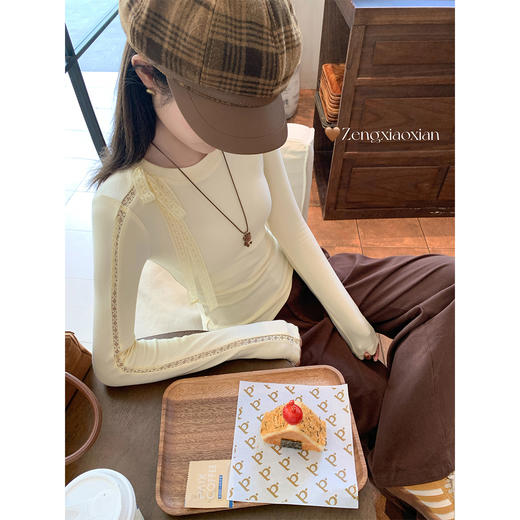 【129元任选2件】现货！韩系蕾丝镂空黄色长袖t恤 商品图3