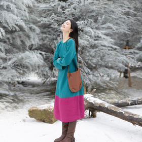 绽放751朵/撞色小蓝紫长裙·纯亚麻厚款显瘦撞色拼接长袖连衣裙女