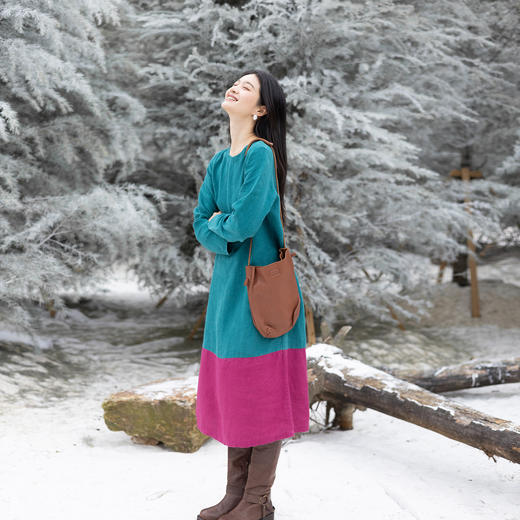 绽放751朵/撞色小蓝紫长裙·纯亚麻厚款显瘦撞色拼接长袖连衣裙女 商品图0