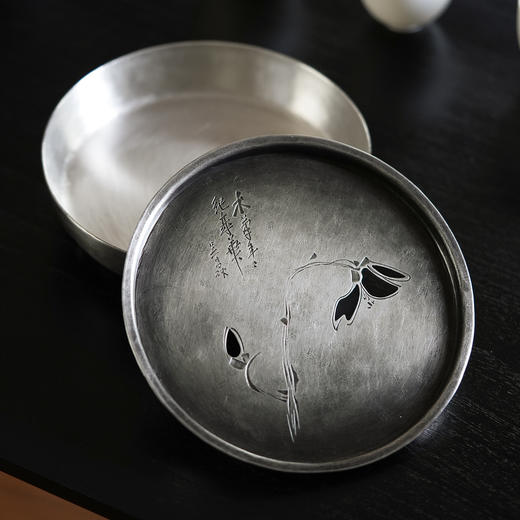 斑锡龙纯锡木笔壶承复古干泡台储水茶船壶垫一修手工锡器潮汕茶盘 商品图3