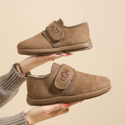 法式加绒保暖魔术贴勃肯鞋女豆豆平底秋冬百搭平底懒人毛呢棉鞋 商品图5