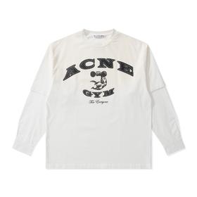 中性款做旧刺绣印花假两件长袖T恤ba001