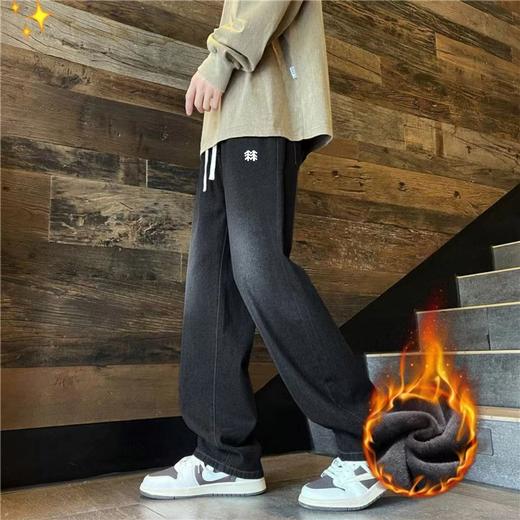 D110779加绒牛仔裤秋冬季垂感宽松复古直筒休闲潮牌裤子 商品图4