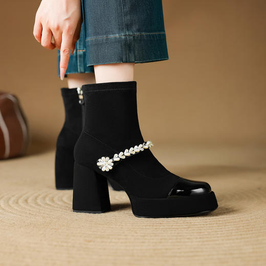 【预售5天】小香风水钻精美时尚新款圆头粗跟防水台高跟弹力靴MLD&AM992 商品图2