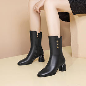 【预售5天】牛皮圆头中筒靴，舒适真皮加绒高跟半筒靴骑士靴DPJ&6028