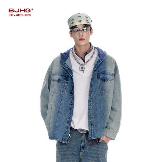 BJHG不计后果牛仔外套男款秋季2025新款水洗做旧连帽衬衫休闲夹克 商品图0