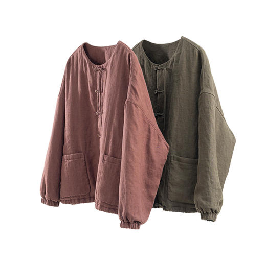特绽放740朵/绗暖·加厚亚麻绗棉圆领开襟长袖下摆微收短款棉服女 商品图4