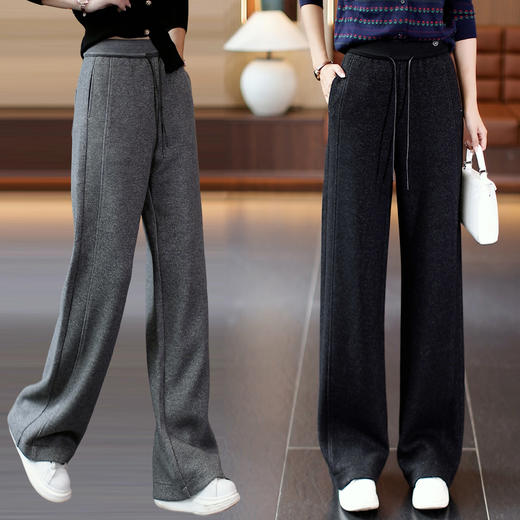 YM 2805羊毛阔腿裤高腰保暖舒适垂感休闲裤松紧腰直筒裤 商品图1