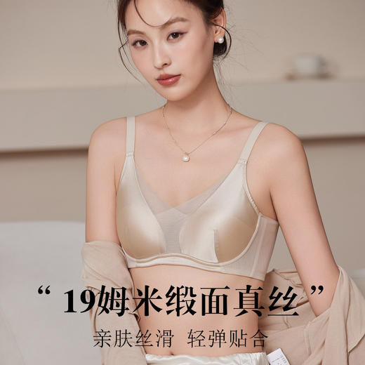 19姆米缎面真丝超薄无钢圈，桑蚕丝深V聚拢网纱拼接文胸 TG02S276 商品图0