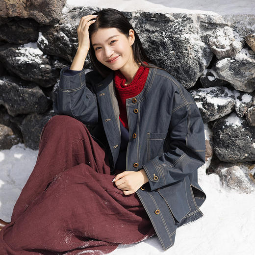 绽放535朵/生机·棉混纺宽松日系落肩圆领百搭中长款外套女冬新款 商品图2