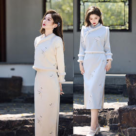 米白淑女范绣花麂皮绒旗袍，保暖加绒毛领新中式国风两件套LJX-846