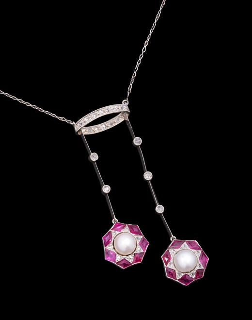 独角鹿西洋古董1920-1930年代瑞士出品18K白金镶嵌钻石红宝石及珍珠Négligée款式项链 商品图5