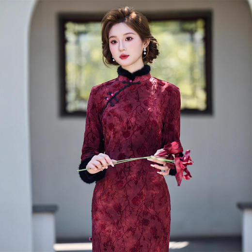 喜妈妈婚宴长款，植绒复合长袖旗袍GX-211118 商品图2