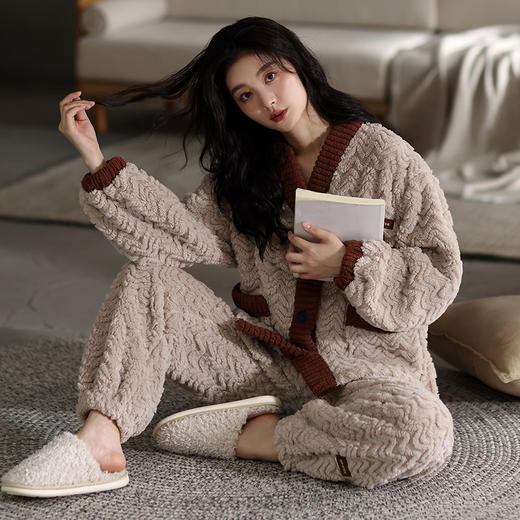 法黛琪冬季珊瑚绒女款开衫套装保暖睡衣 552214 商品图2