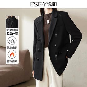 【毛呢-西装-棉服】逸阳冬新品围脖一体可拆卸休闲气质黑色外套3907