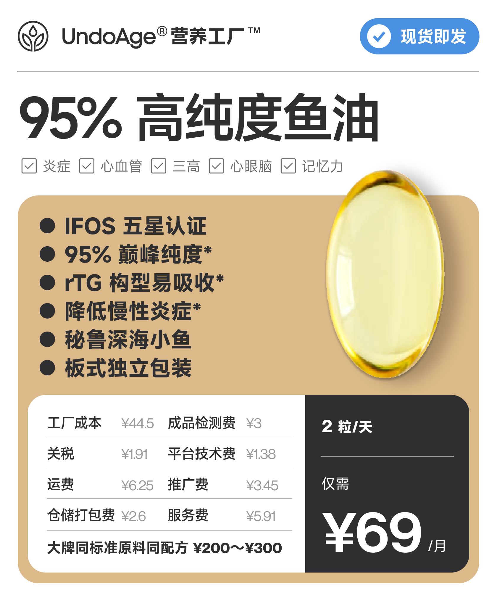 鱼油 95% 高纯度｜IFOS 五星认证 rTG 构型易吸收* 秘鲁深海小鱼【现货即发】