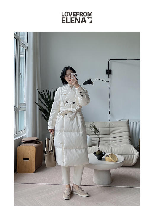 科技保暖面料 90白鹅绒  大衣款系带长款羽绒服 商品图5