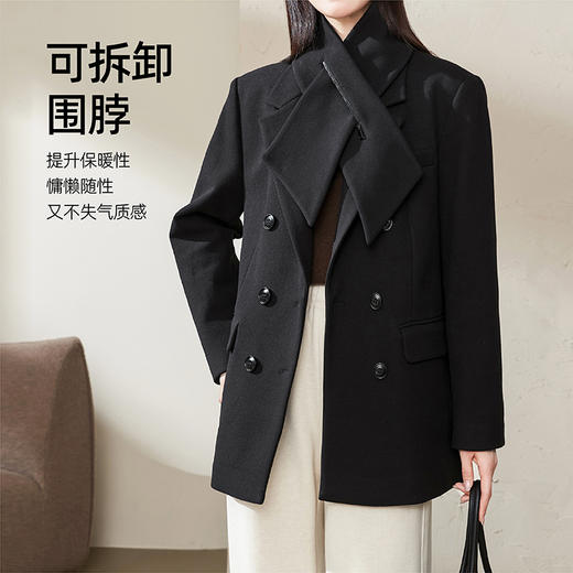 【毛呢-西装-棉服】逸阳冬新品围脖一体可拆卸休闲气质黑色外套3907 商品图2