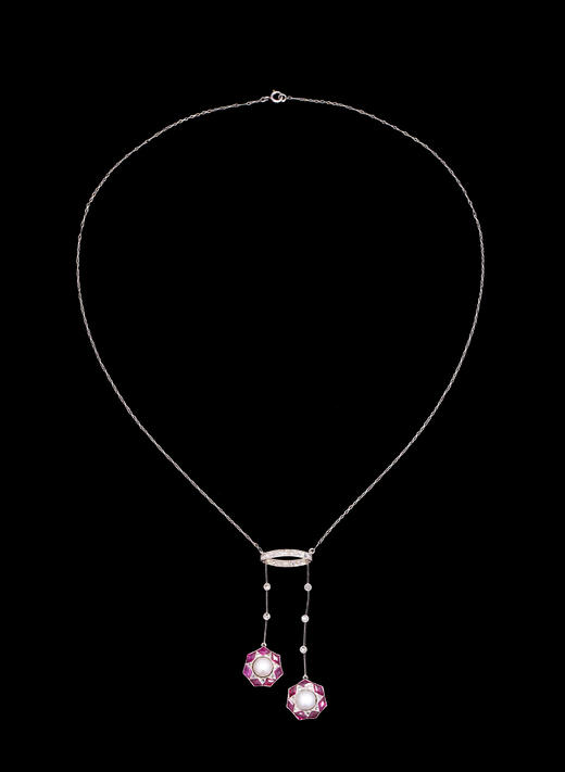 独角鹿西洋古董1920-1930年代瑞士出品18K白金镶嵌钻石红宝石及珍珠Négligée款式项链 商品图3