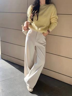 D110780时髦冬季加绒加厚阔腿牛仔裤高腰显瘦窄版直筒裤