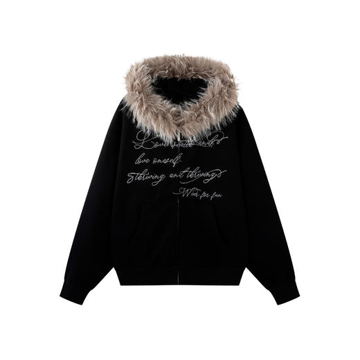 BJHG不计后果毛领连帽卫衣女秋冬新款潮牌复古加绒开衫休闲外套男 商品图4