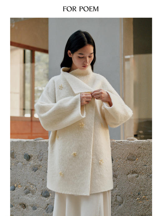 ForPoem 现货 25/FW原创设计重工手缝花朵装饰羊驼毛羊毛翻领大衣外套 商品图2