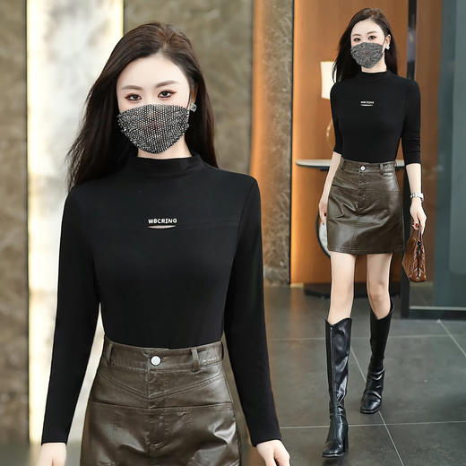 YM A510135半高领字母修身正肩长袖磨毛T恤 商品图1