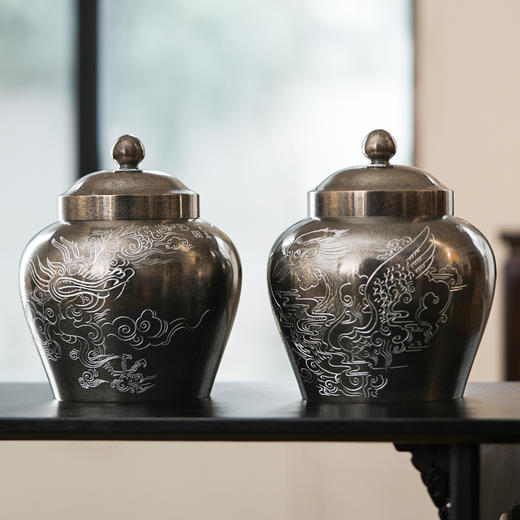 斑锡龙龙吟凤鸣茶仓锡罐中号高纯锡茶叶罐龙吟凤鸣茶仓密封储茶罐手工个旧锡器 商品图0