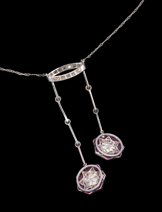 独角鹿西洋古董1920-1930年代瑞士出品18K白金镶嵌钻石红宝石及珍珠Négligée款式项链 商品图6