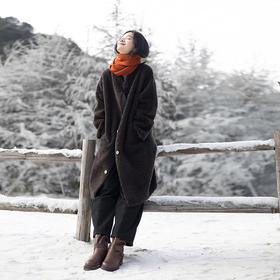 绽放748朵/羊毛卷卷·羊羔毛加厚大衣保暖宽松小V领文艺长外套女