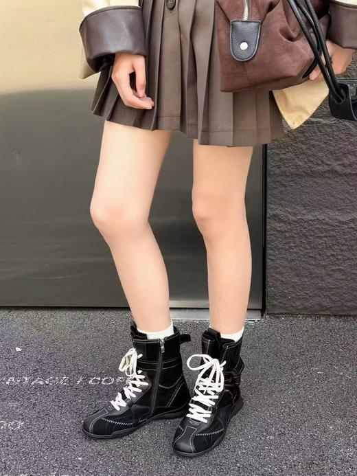 D110719高帮赛车靴女2025新款拳击靴马丁靴绑带长靴 商品图6