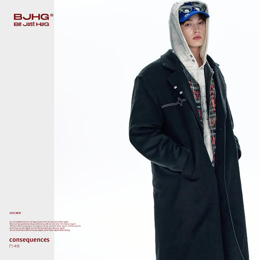 BJHG不计后果长款大衣夹克男款秋冬新款宽松休闲黑色立领毛呢外套 商品图3