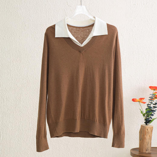 「自」全新升级【铂金会员293/天猫389/差价96】(70321)洛诗琳新款美利奴羊毛上衣2025秋冬假两件翻领长袖针织衫 商品图6