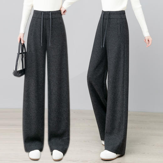 YM 2807弯刀阔腿裤松紧高腰显瘦垂感加厚毛呢直筒裤 商品图0