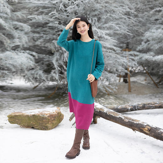 绽放751朵/撞色小蓝紫长裙·纯亚麻厚款显瘦撞色拼接长袖连衣裙女 商品图2