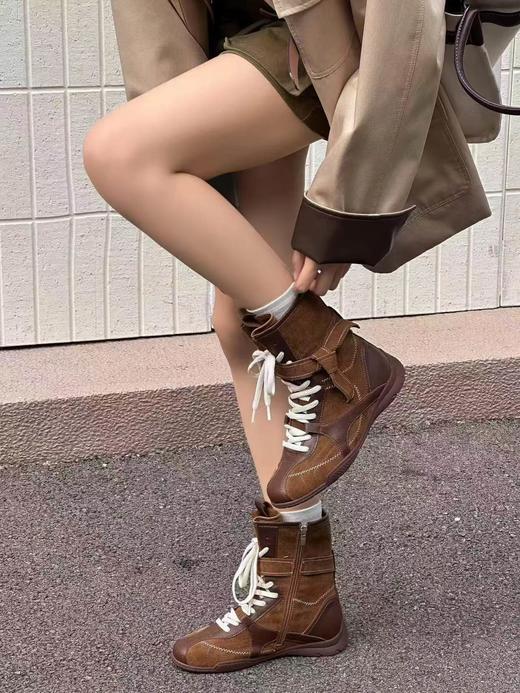 D110719高帮赛车靴女2025新款拳击靴马丁靴绑带长靴 商品图4