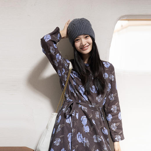绽放743朵/飘·加厚亚麻数码印花圆领文艺长袖连衣裙叠穿百搭长裙 商品图1