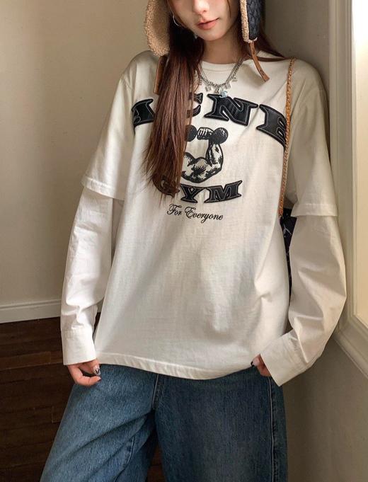 中性款做旧刺绣印花假两件长袖T恤ba001 商品图4