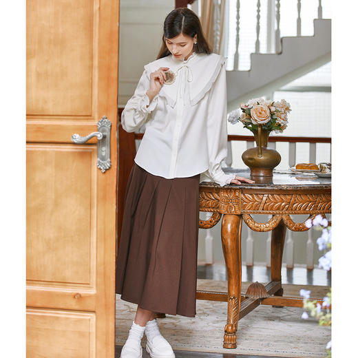 Famecoco范可儿披肩立领衬衫秋冬复古风甜美荷叶袖女式通勤衬衣FAB8BH023 商品图4