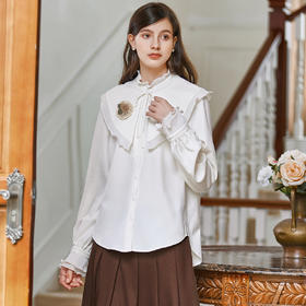 Famecoco范可儿披肩立领衬衫秋冬复古风甜美荷叶袖女式通勤衬衣FAB8BH023