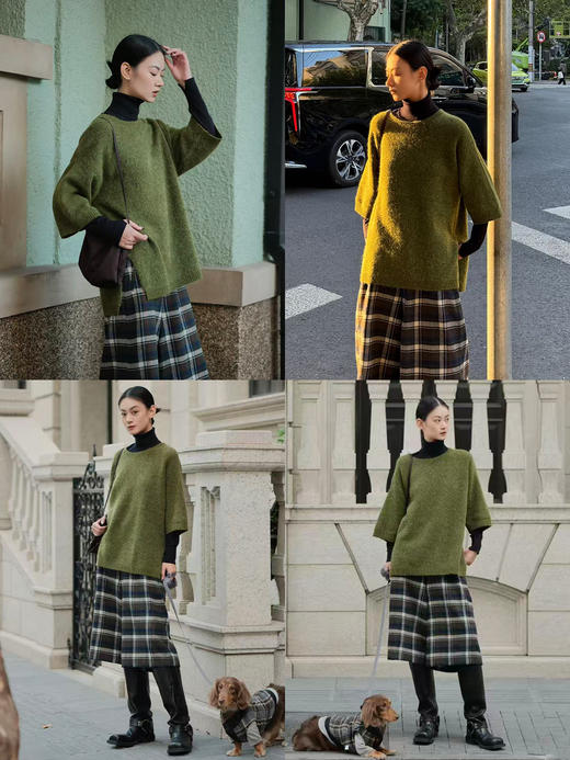 HIDEMI 复古色织格纹羊毛阔腿宽松休闲裤加厚毛呢中长裤配靴神裤 商品图1